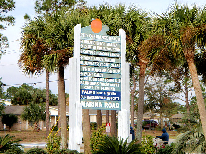 Here’s the sign for Marina Road that will lead you to some of the best Gulf Shores and Orange Beach deep sea fishing.
